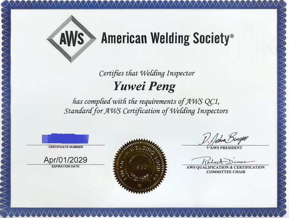 GRANDIND Earns AWS Certified Visual Welding Inspection Qualification | Certified Factory QC